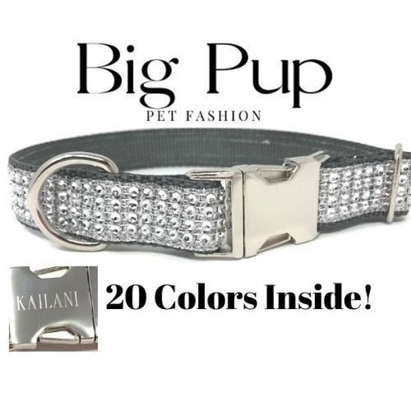 Bling Designer Dog Collar, Sparkle Rhinestones, Girl, Fancy, Personalized, Bedazzled, Grey, Puppy, Pet, Cat, Engraved, Custom, Diamond