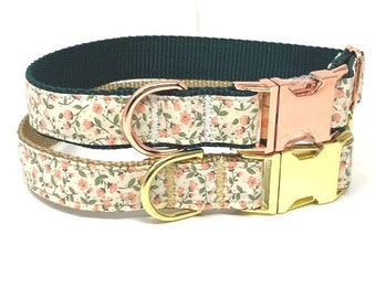 Floral Dog Collar, WIth Rose Gold Or Gold Metal Buckle, Pink, Green, For Girls, Female, Personalized, Engraved