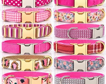 Pink Girl Dog Collar, Floral, Cute Personalized, Engraved, Puppy Collar, Designer Collar, Small, Large, Leopard, Bling, Gingham, Polka Dot
