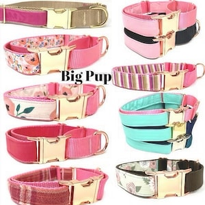 May include: Assortment of colorful dog collars with gold buckles. The collars feature various patterns, including floral, plaid, and stripes. The text "Big Pup" is visible in the center of the image.