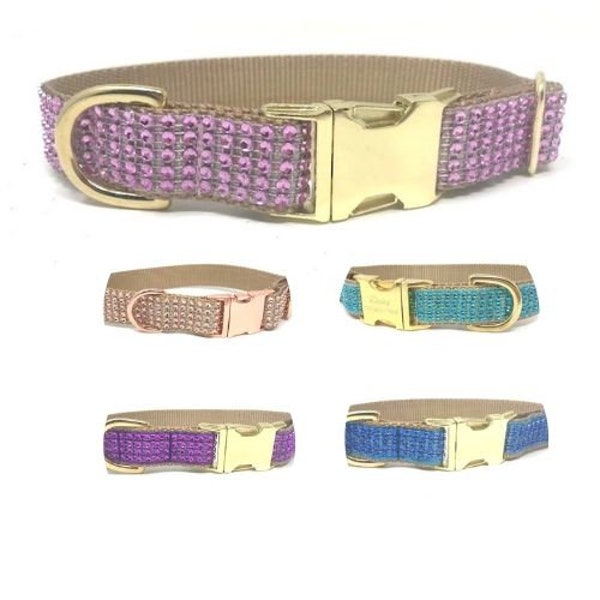 Dog Collar, For Girls, Boys, Fancy, Rhinestone, Glitter, Pink, Rose Gold, Teal, Blue, Purple, Personalized, Engraved, Custom, Gold, Sparkle