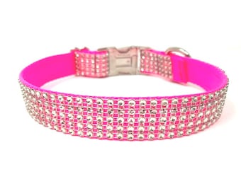 Hot Pink, Rhinestone, Custom, Dog Collar, Girl, Personalized, Engraved, Cute, Designer, Puppy, Cat, Pet, Small, Medium, Large, Diamond