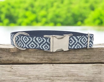 Collier de chien pour garçon, Collier de chien géométrique bleu et blanc pour chiens mâles, Collier de chien personnalisé, Personnalisé, Collier de chien gravé