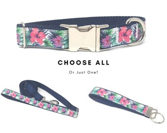 Floral Dog Collar, Tropical Hibiscus Floral Pet Collar, For Girls, Boys, Hawaiian Inspired, Metal Buckle, Personalized, Engraved, Custom