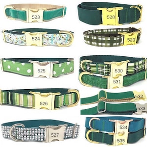 May include: A selection of dog collars in green, blue and white with gold and silver buckles. The collars are numbered 523, 524, 525, 526, 527, 528, 529, 530, 531, 532, 533, 534 and 535.