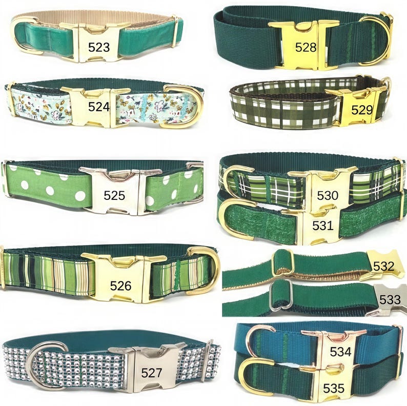 May include: A selection of dog collars in green, blue and white with gold and silver buckles. The collars are numbered 523, 524, 525, 526, 527, 528, 529, 530, 531, 532, 533, 534 and 535.
