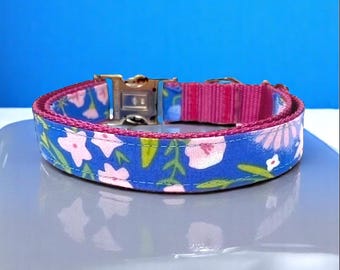 Cute, Personalize, Pink, Blue, Floral Dog Collar, Puppy Collar, Engrave, Custom, Designer Dog Collar, Small, Large, Girl, Daisy, Rose