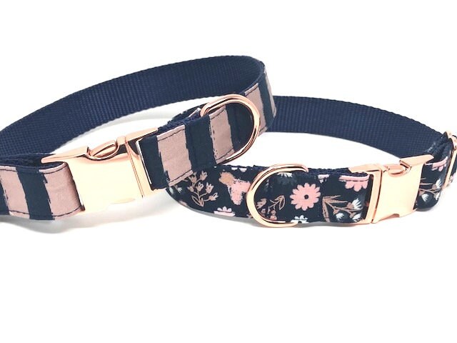 Pink, Rose Gold, Blue, Dog Collar, Stripes, Floral, Navy Girls, Female, Fancy, Designer, Fashion, Personalized, Engraved, Customized