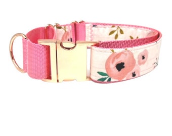 Martingale Dog Collar, Girl, Pink, Rose Gold, Floral, Puppy Collar, Custom Collar, Engraved Collar, Personalize, Cute, Female, 1.5" Wide