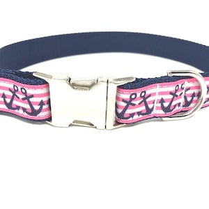 Dog Collar, Pink, Anchors, Summer, Spring, Girl Dog Collar, Nautical Dog Collar, Custom Dog Collar, Engraved Dog Collar, Personalized