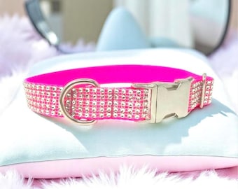 Hot Pink, Rhinestone, Custom, Dog Collar, Girl, Personalized, Engraved, Cute, Designer, Puppy, Cat, Pet, Small, Medium, Large, Diamond