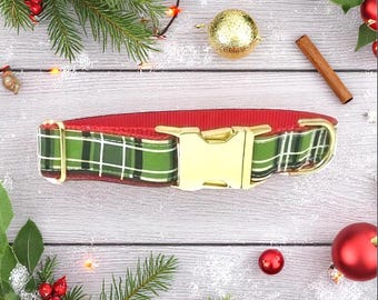 Kerst geruite hondenhalsband, gouden gesp, rood, groen, geruite, meisje, jongen, vakantie, seizoensgebonden, personaliseren, graveren, aangepaste, ontwerper, puppy