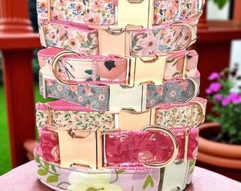 Pink Floral Fabric Dog Collar For Girls, Laser Engraved, Puppy Collar, Rose Gold Metal Buckle, With Engraved Name, Cute Designer Dog Collar
