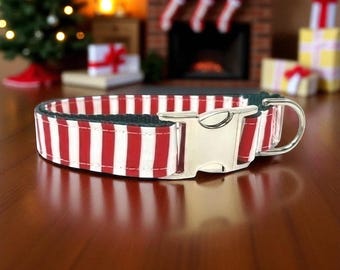 Collar navideño para perro, inspirado en elfo, rojo, verde, blanco, a rayas, para niña y niño, personalizado, grabado, collar para cachorro, adorable mascota, festivo.