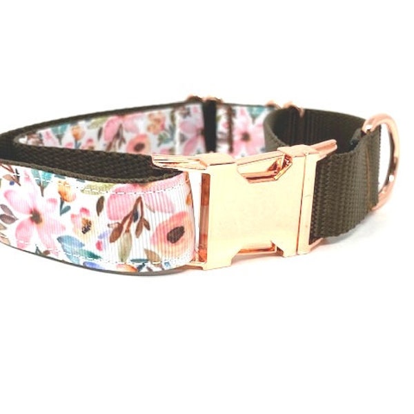 Collar de perro Martingale, con hebilla de oro rosa, niña, collar de perro floral, gargantilla, rosa, personalizado, grabado, galgo, personalizado, cachorro