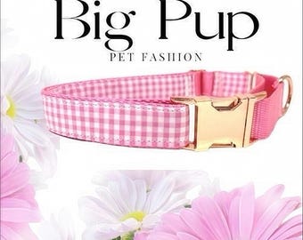Pink, Martingale Dog Collar, Rose Gold Buckle, Gingham, Dog Collar Girl, Personalized, Custom Dog Collar, Engraved, Puppy, Designer Collar