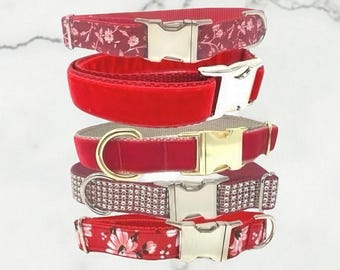 Collar rojo para perro, collar navideño para perro, collar para cachorro, pequeño, grande, personalizado, grabado, floral, de terciopelo para mascota.