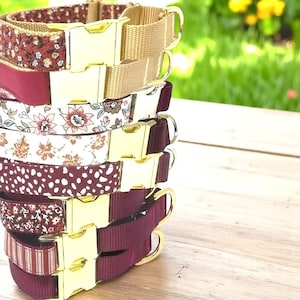 Collar Martingale con hebilla de otoño color burdeos para perro, niña, cachorro, galgo, whippet, personalizado, grabado, diseño personalizado, granate, dorado