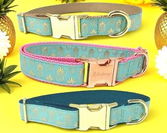 Pineapple, Dog Collar, Girl, Boy, Personalized, Engraved, Custom, Designer, Green, Cute, Puppy, Pink, Teal, Fruit, Summer, Small, Large