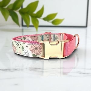 Pretty Pink + Rose Gold Buckle Martingale Dog Collar Girl, Designer Floral Dog Collar, Greyhound, Whippet, Peony, Fabric, Puppy Collar