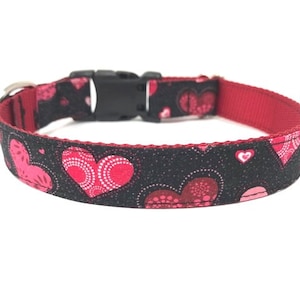 Valentine's Day Dog Collar In Red, White, And Pink Hearts And Glitter Dog Collar, Personalized, Engraved, Custom Dog Collar