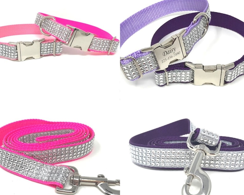 Rhinestone, Glitter, Fancy Dog Collar, Blingy Sparkly Pet Collar, Hot Pink, Purple, Lavender, Collar, Personalized, Engrave, Girls, Female image 1