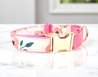 Collar para perro Martingale rosa de 3,8 cm de ancho con hebilla de oro rosa y diseño floral. Collar para niña, personalizado, grabado, para cachorro.