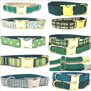 May include: Assortment of green dog collars with various patterns and gold or silver buckles. The collars are made of different materials, including velvet, fabric, and rhinestones.
