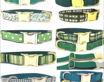 Collar de perro de diseño verde para niña o niño, personalizable, bonito, cachorro, pequeño, grande, floral, lunares, rayas, grabado, dorado, oro rosa, para mascota