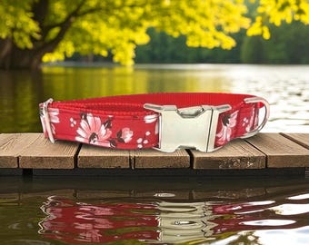 Collar floral rojo para perro, bonito collar de diseño para cachorro, pequeño, grande, personalizado, grabado, con flores.