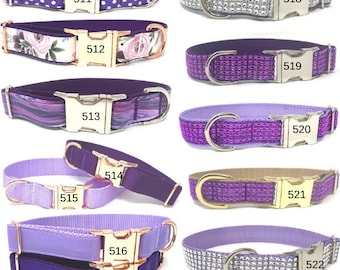 Purple Fabric Girl Dog Collar, Puppy Collar, Personalized Female Pet Collar, Custom, Engraved, Large, Dog Collar With Name