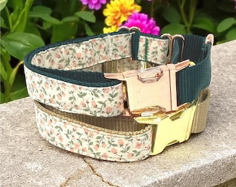 Collar Martingala Floral para Perro, con Hebilla Metálica en Oro Rosa o Dorado, Rosa, Verde, Para Niñas, Hembra, Personalizado, Grabado
