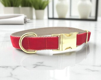 Collar de perro de terciopelo rojo y dorado, collar rojo para perro, collar para perro para niña, collar dorado para perro, collar personalizado, grabado, Navidad
