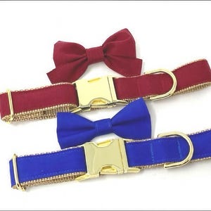 May include: Two dog collars with matching bow ties. One collar is burgundy, the other is blue. Both have gold-colored metal hardware and a gold-colored trim. The bow ties are the same colors as the collars.