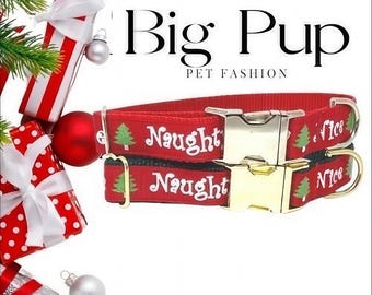 May include: A red dog collar with the words "Naughty" and "Nice" in white, along with green Christmas trees. The collar has a gold-colored buckle and is decorated with Christmas ornaments and wrapped gifts.