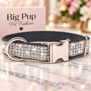 Può includere: Un collare per animali domestici grigio scuro con file di strass trasparenti scintillanti, una fibbia a sgancio laterale in metallo argentato e un anello a D abbinato, davanti a un cartoncino rosa chiaro con il testo Big Pup Pet Fashion.
