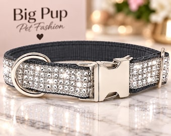 May include: A dark gray pet collar featuring rows of sparkling clear rhinestones, a silver-toned metal side-release buckle, and a matching D-ring. The collar is positioned in front of a light pink card with the text Big Pup Pet Fashion.