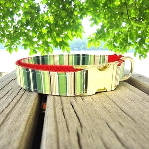 Christmas Stripe Dog Collar, Gold Buckle, Red, Green, Plaid, Girl, Boy, Holiday, Seasonal, Personalize, Engrave, Custom, Designer, Puppy
