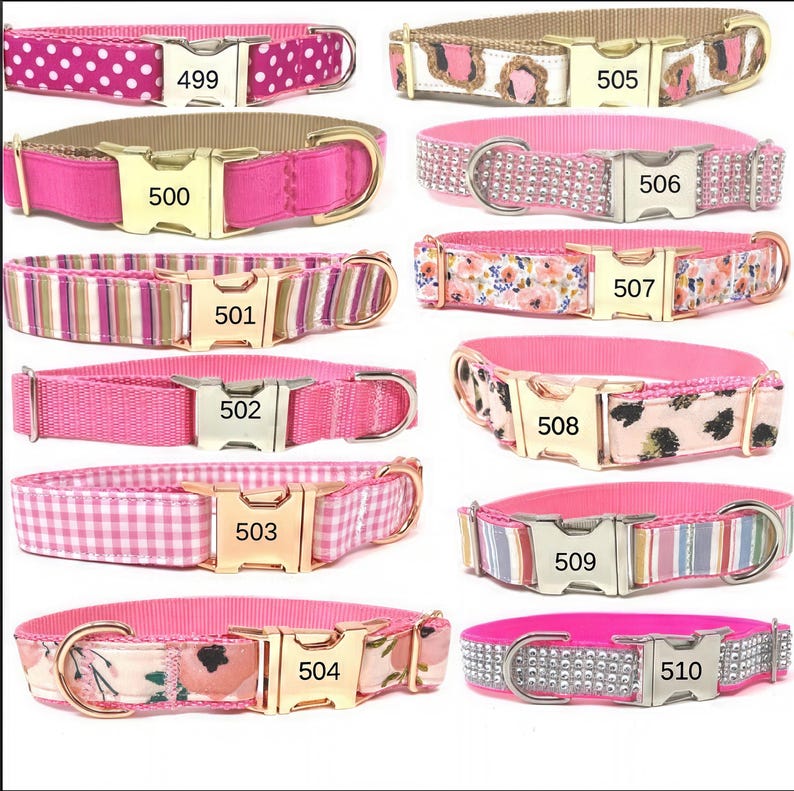 May include: Ten pink dog collars with different patterns and gold or silver buckles. The collars are numbered 499 to 510.