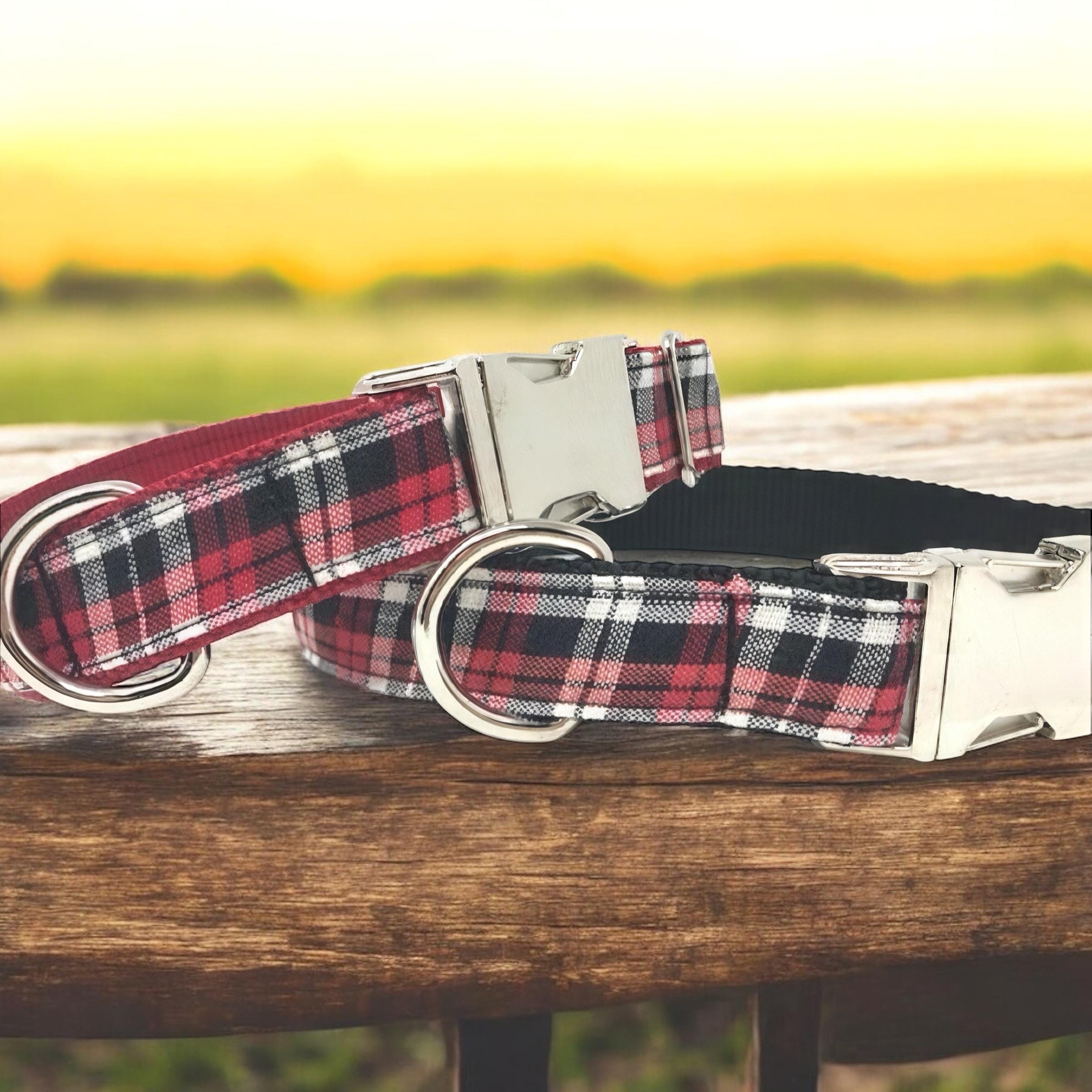 Red, Black, White Plaid Dog Collar For Boys Or Girls, Trendy Collars, Personalized Collar, Engraved