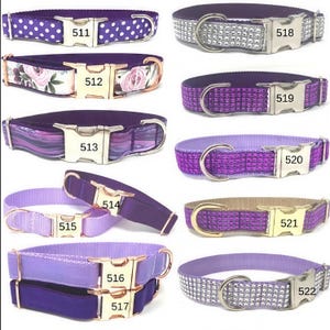 May include: Ten different purple dog collars with various patterns and embellishments. The collars are numbered 511 through 522.