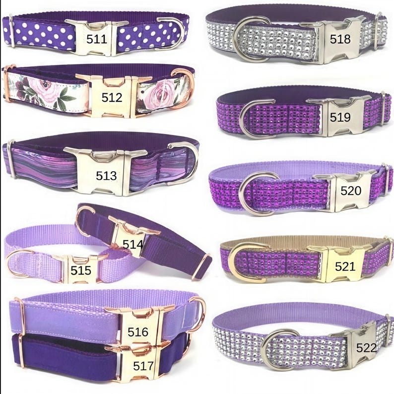 May include: Ten different purple dog collars with various patterns and embellishments. The collars are numbered 511 through 522.