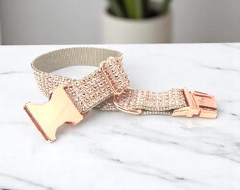 Fancy Rose Gold Rhinestone Designer Girl Dog Collar, Sparkle, Personalize, Bling, Small, Puppy, Large, Custom, Engraved, Wedding, Diamond