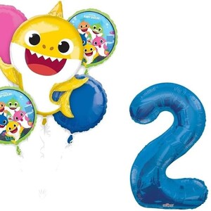6 Piece Baby Shark 2nd Birthday Balloon Bouquet W/ Free Shipping Birthday Party Decorations Includes 10 Stickers Number 2 Blue