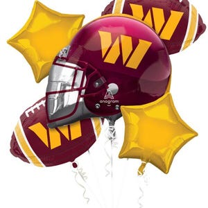 May include: A set of five gold and maroon foil balloons featuring a football helmet, two footballs, and two stars. The footballs and helmet have a white "W" on them.