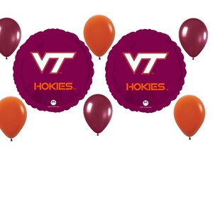 May include: A collection of balloons and two round foil balloons. The foil balloons are maroon with the letters "VT" and the word "HOKIES" in white and orange. The other balloons are maroon and orange.