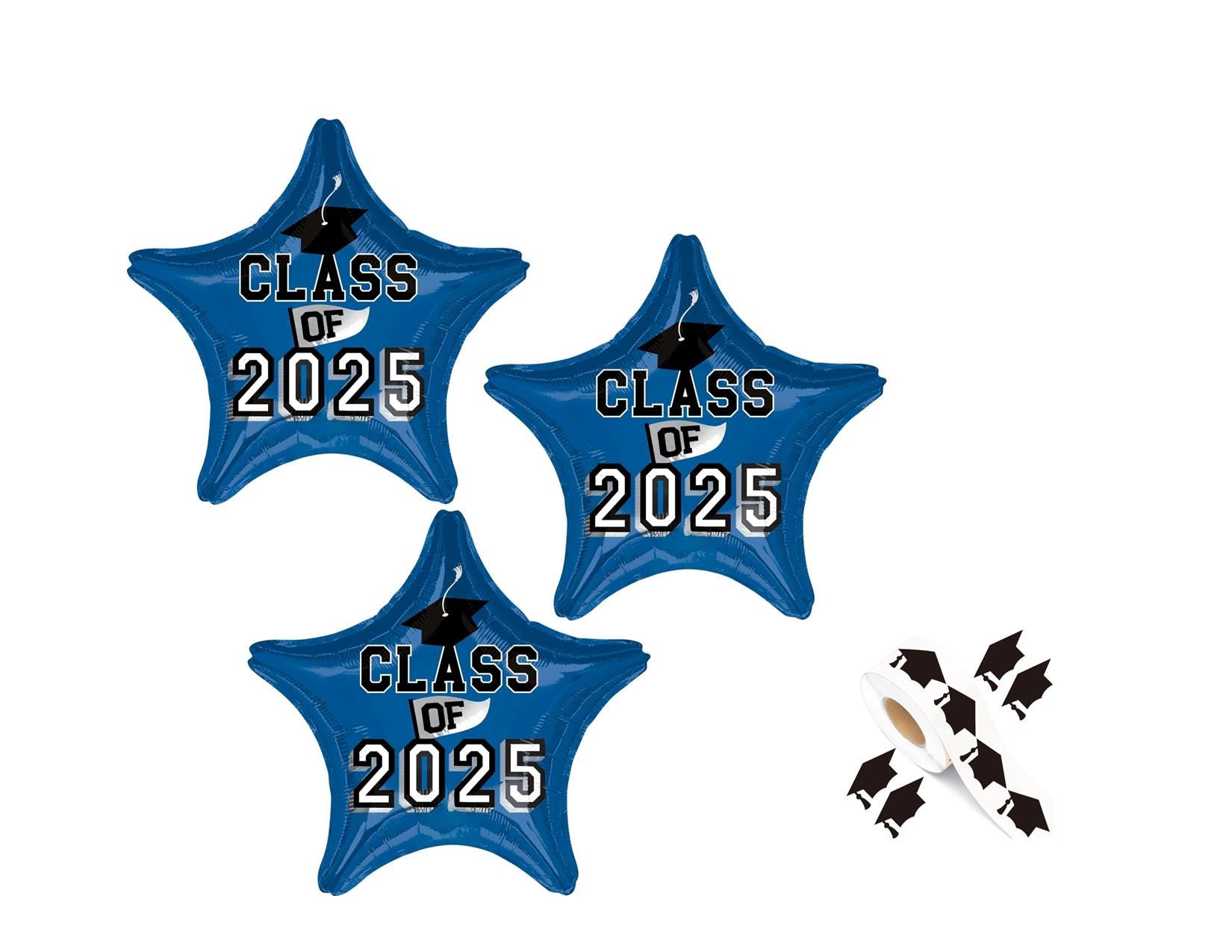 Set Of 3 Blue Class Of 2025 Graduation 18'' Balloons Birthday Party Decorations With 10 Graduation Stickers