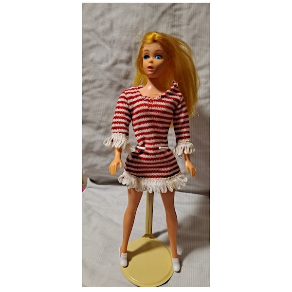 Vintage 1960s 1970s Barbie clone outfit Mitzi Maddie Missy Mod Peggy Ann Suzette Mattel knit red stripe dress shoes no tag fair condition