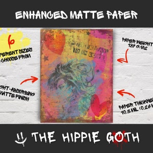 May include: Enhanced matte paper print with a colourful, grunge-style design featuring a face, hearts, and text. The print has a light-absorbing matte finish and is available in 6 different sizes. Paper thickness is 0.26 mm.