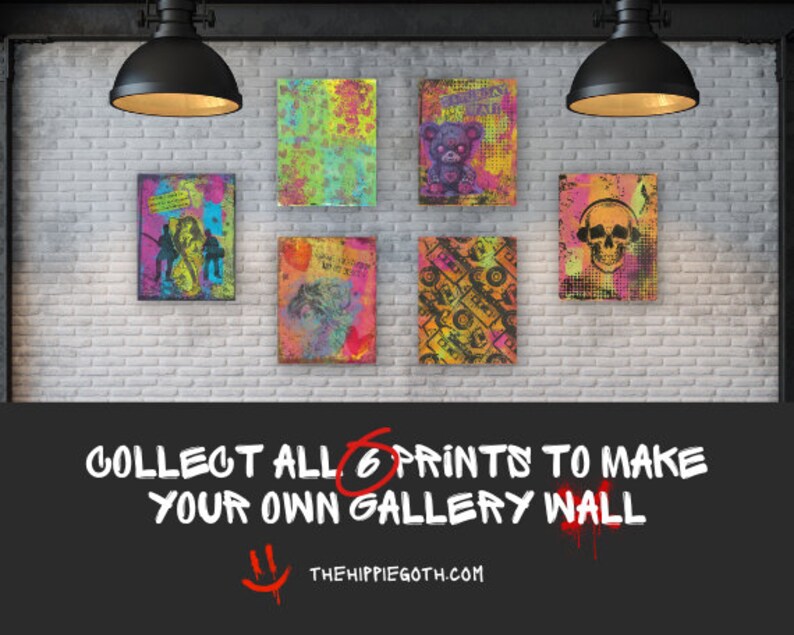 May include: Six vibrant art prints hanging on a white brick wall. The prints showcase diverse designs, such as a teddy bear, a skull, and abstract patterns. The text "COLLECT ALL 6 PRINTS TO MAKE YOUR OWN GALLERY WALL" is at the bottom, along with the website address.